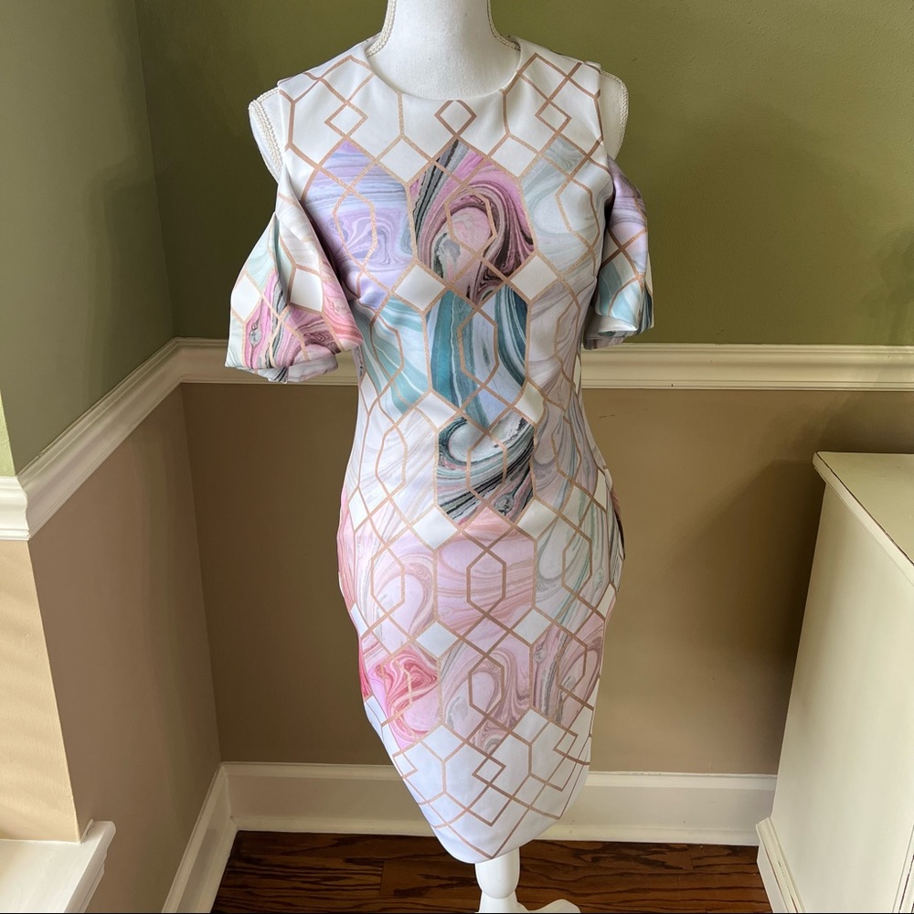 Ted Baker sheath dress. White with rose gold and greens